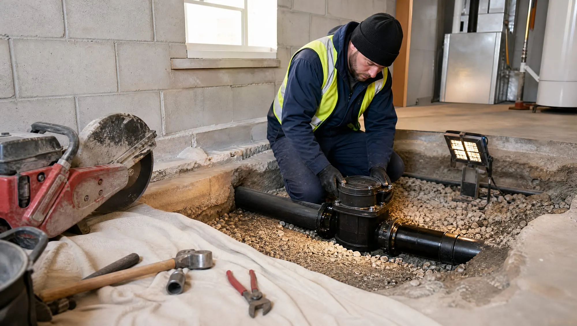 Illustrative photo of a plumber fitting a backwater valve into an opened section of basement floor