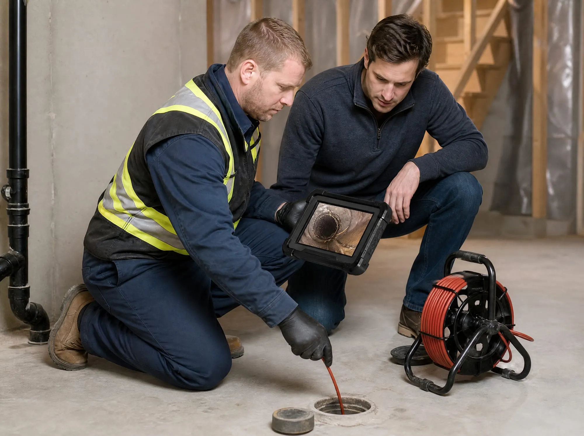 Illustrative photo of a plumber watching a drain camera monitor beside a basement floor drain