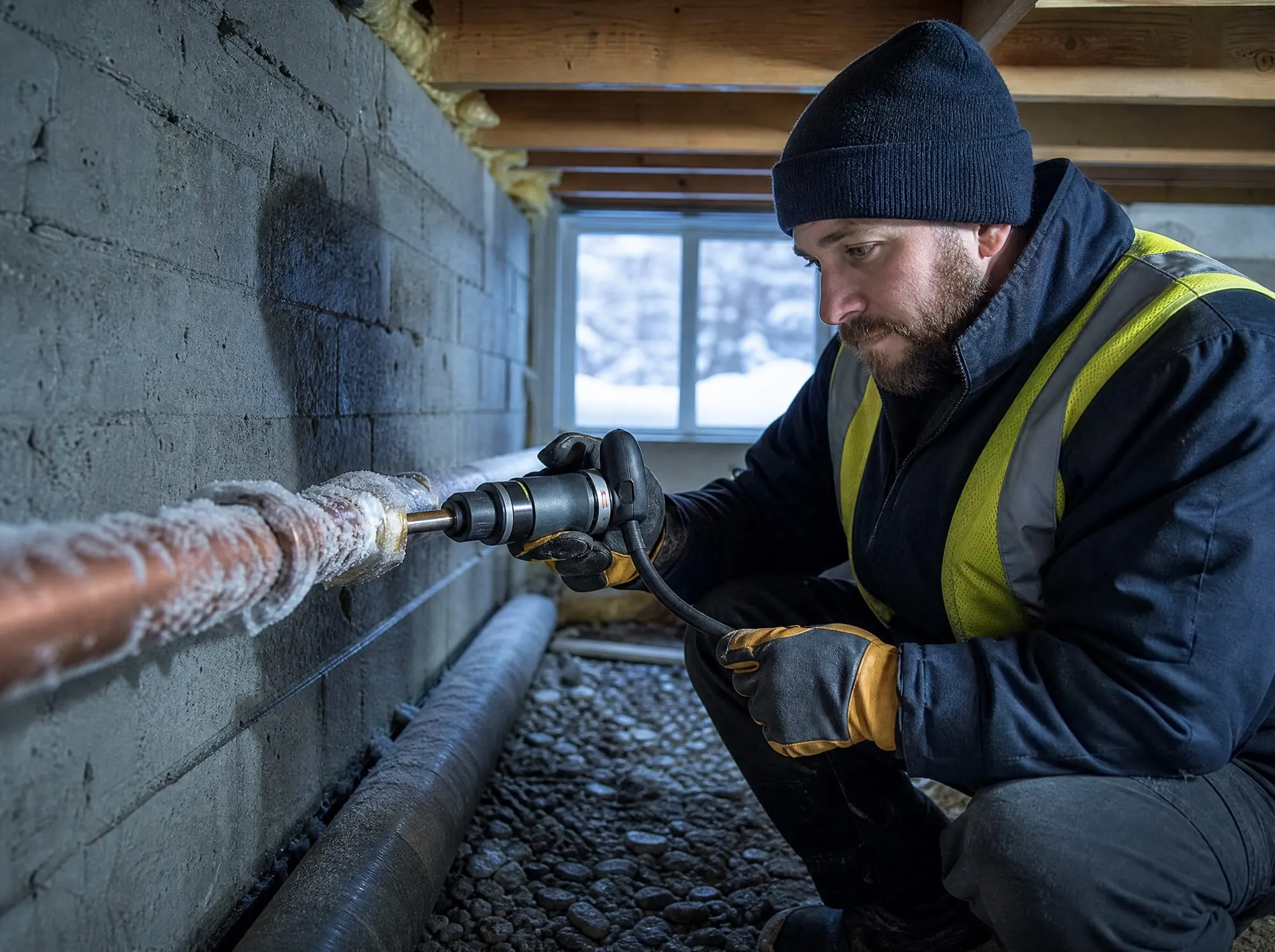 Illustrative photo of a frost-covered copper water pipe along a basement wall